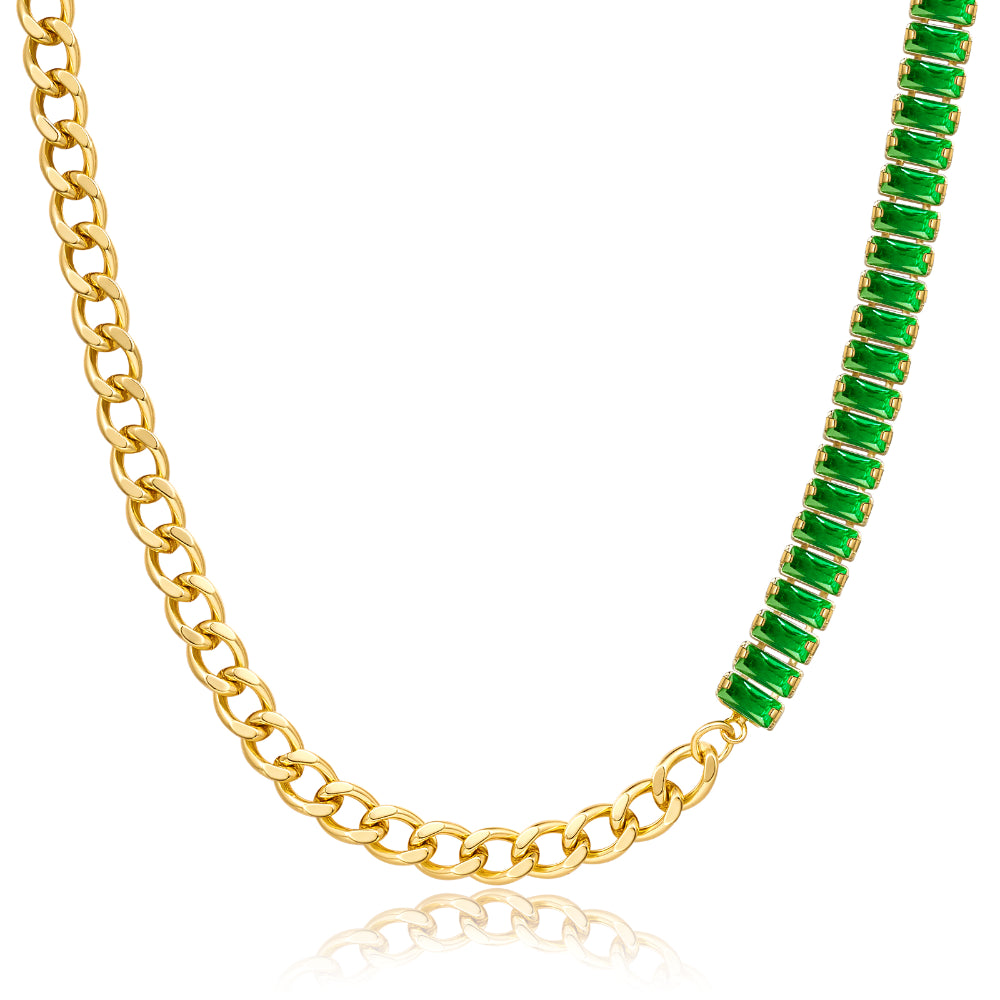 14K Gold Diamond Tennis Necklace with Baguette Green CZ & Cuban Chain against a white background