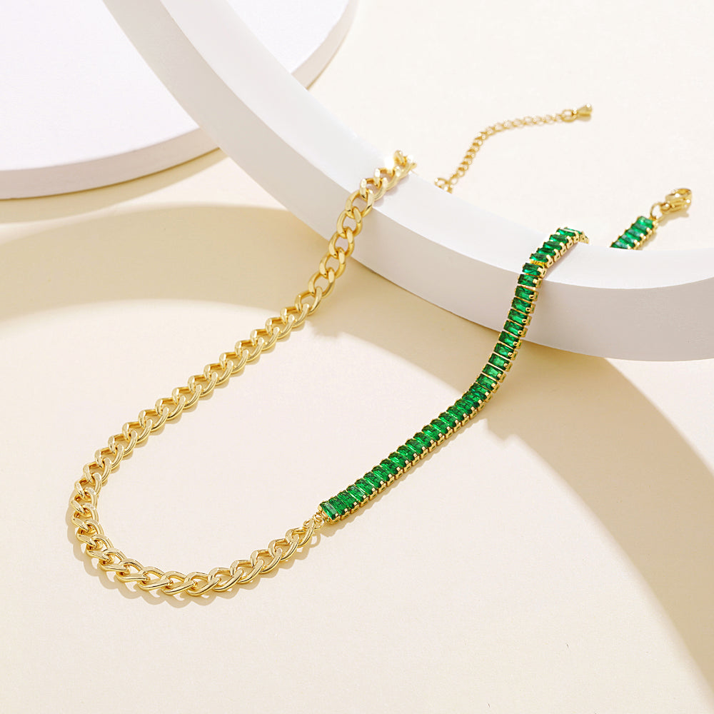 Detailed view of 14K Gold Diamond Tennis Necklace with Baguette Green CZ & Cuban Chain