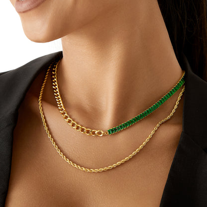 14K Gold Diamond Tennis Necklace with Baguette Green CZ & Cuban Chain