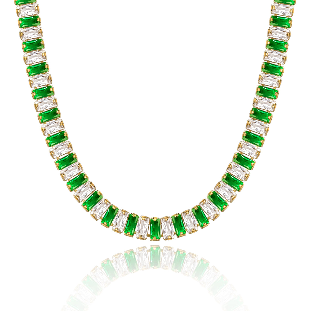 14K Gold Diamond Tennis Necklace with Green White CZ against white backdrop