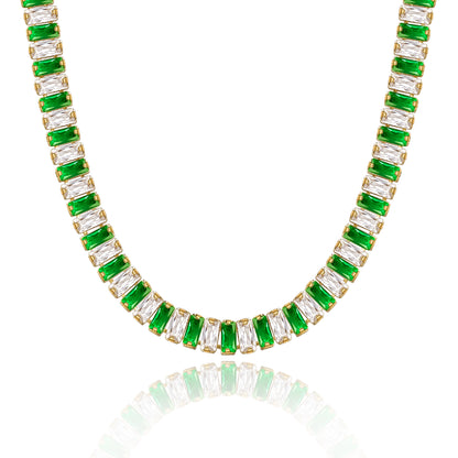 14K Gold Diamond Tennis Necklace with Green White CZ against white backdrop