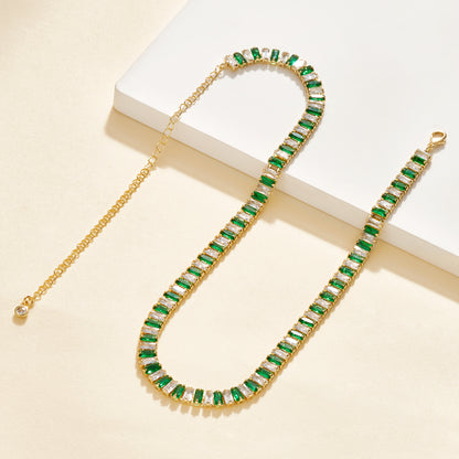 Detailed view of 14K Gold Diamond Tennis Necklace with Green White CZ