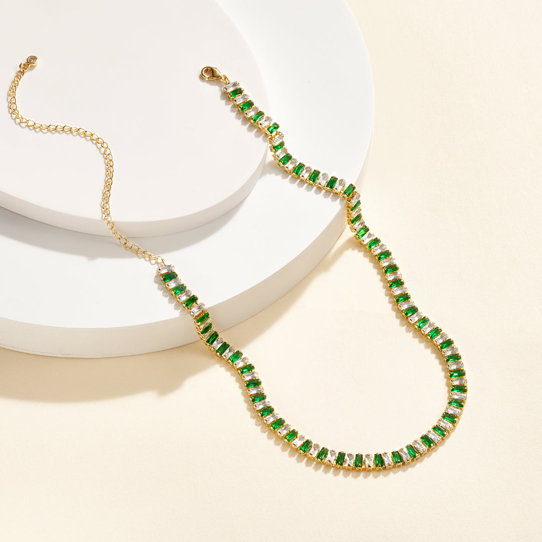 Detailed view of 14K Gold Diamond Tennis Necklace with Green White CZ