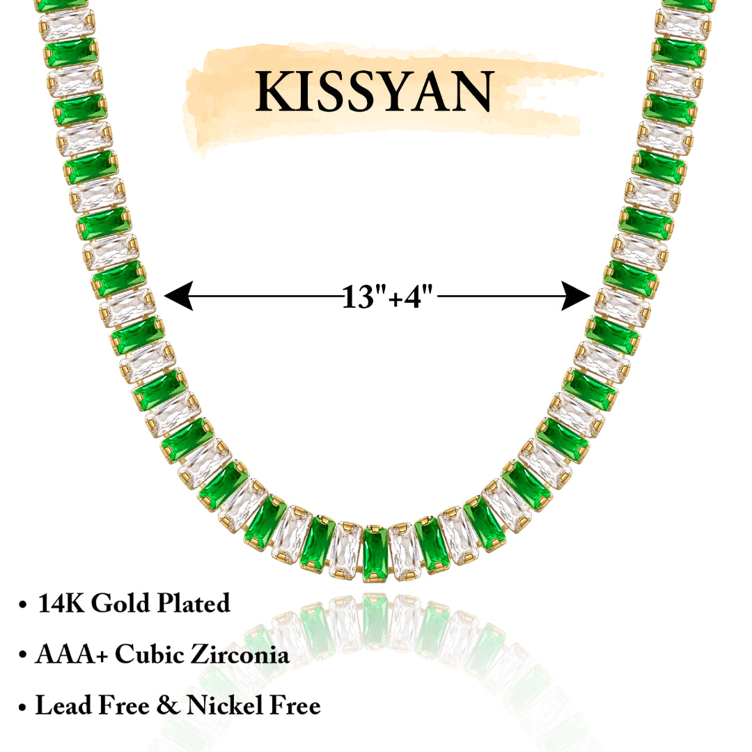 Detailed view of 14K Gold Diamond Tennis Necklace with Green White CZ