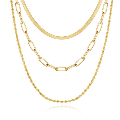 14K Gold Layered Necklaces - Snake, Rope, Paperclip Chain against white background