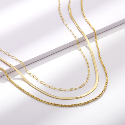 Dainty 14K Gold Layered Necklaces- Snake+Rope+Paperclip Chain
