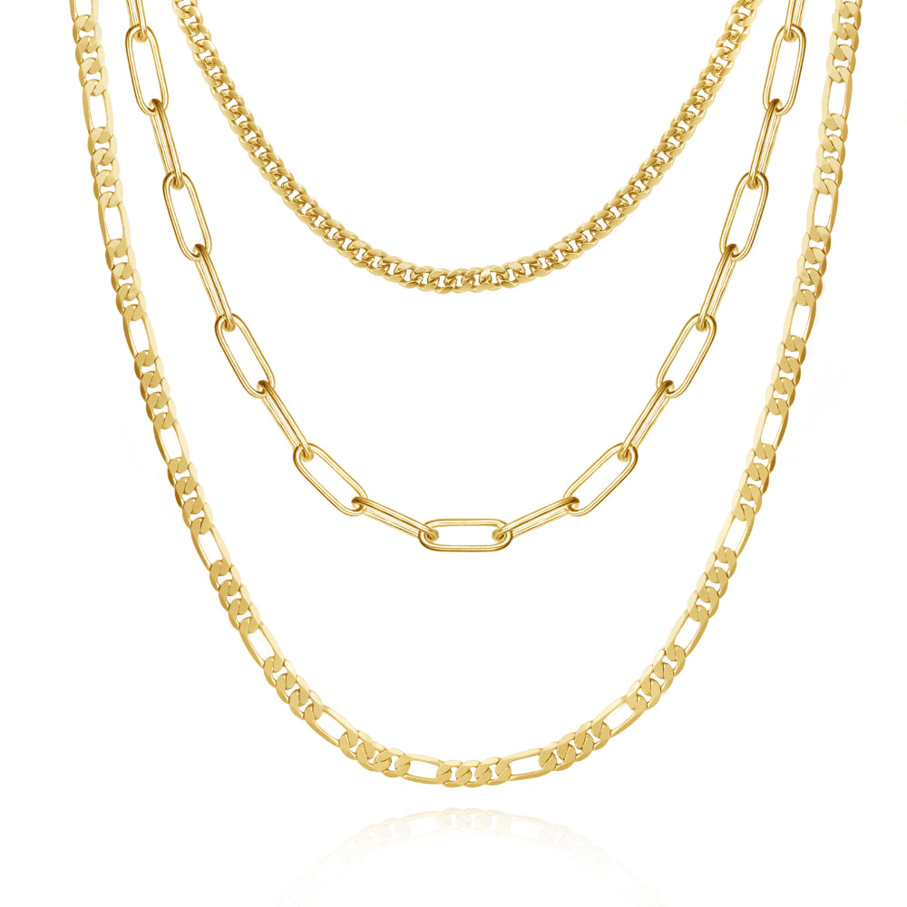 14K Gold Layered Necklaces - Cuban, 3mm Paperclip, Figaro against white background