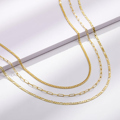 Detailed view of Dainty 14K Gold Layered Necklaces - Cuban, 3mm Paperclip, Figaro