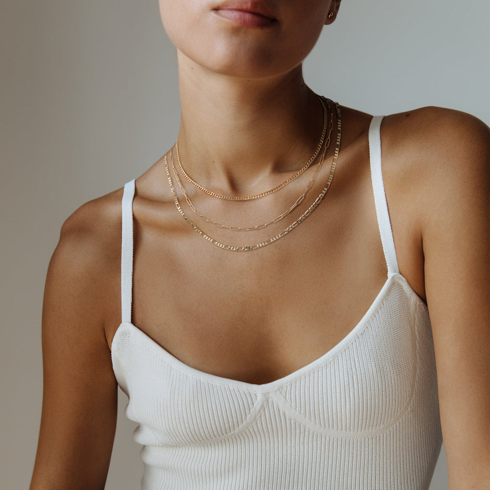 Dainty 14K Gold Layered Necklaces with Cuban, 3mm Paperclip, and Figaro chains