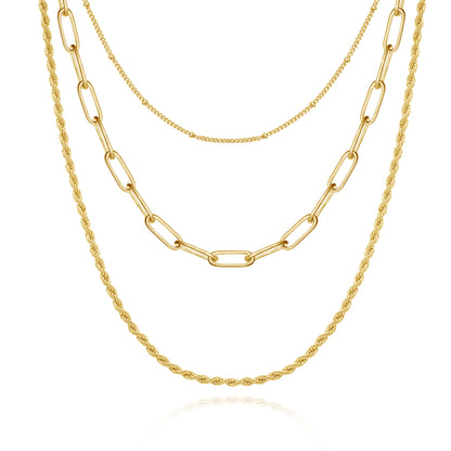 14K Gold Layered Necklaces - Satellite, Twist, Paperclip against white background
