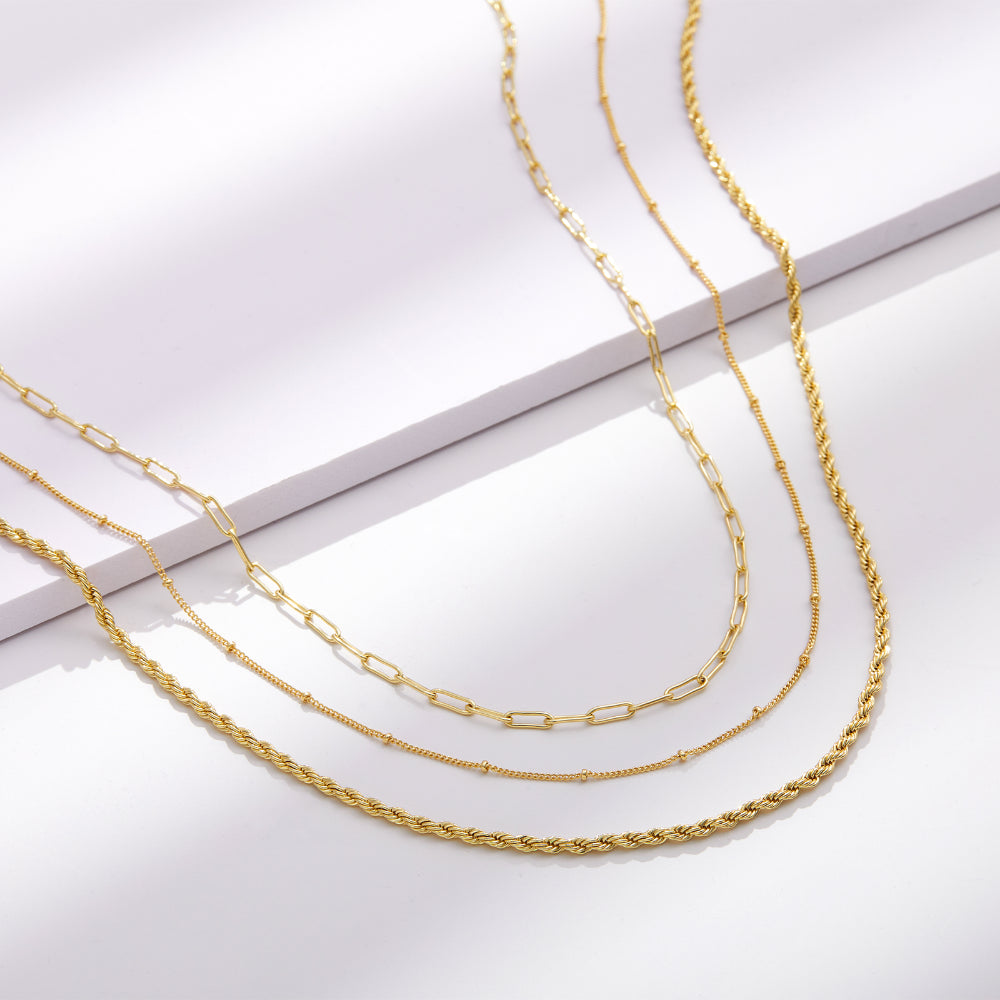Detailed view of Dainty 14K Gold Layered Necklaces - Satellite, Twist, Paperclip