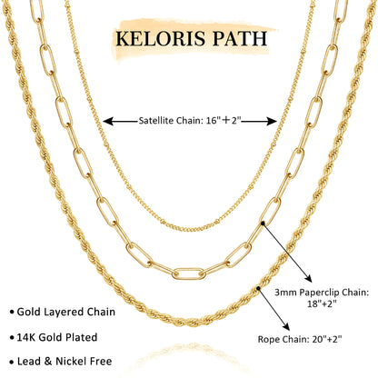 Detailed view of Dainty 14K Gold Layered Necklaces - Satellite, Twist, Paperclip