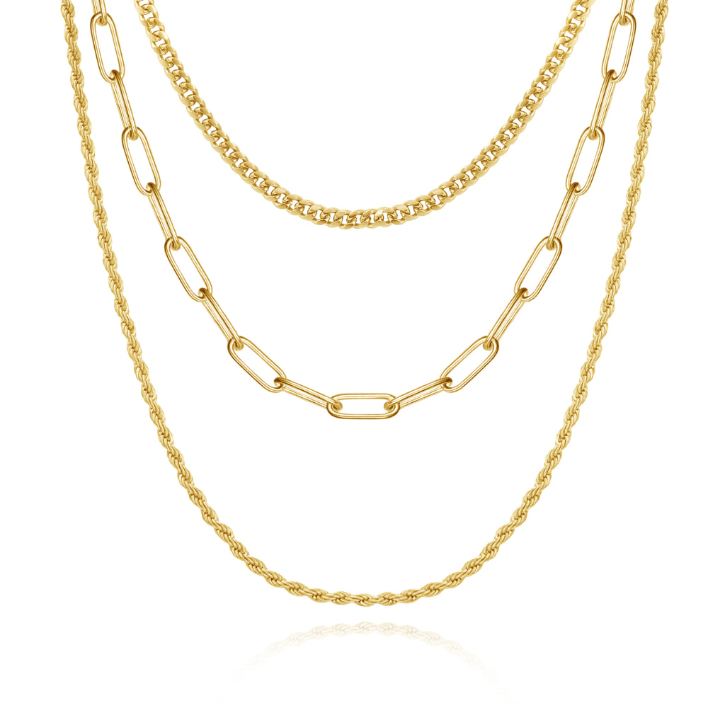 14K Gold Layered Necklaces - Cuban, Rope, Paperclip against white background