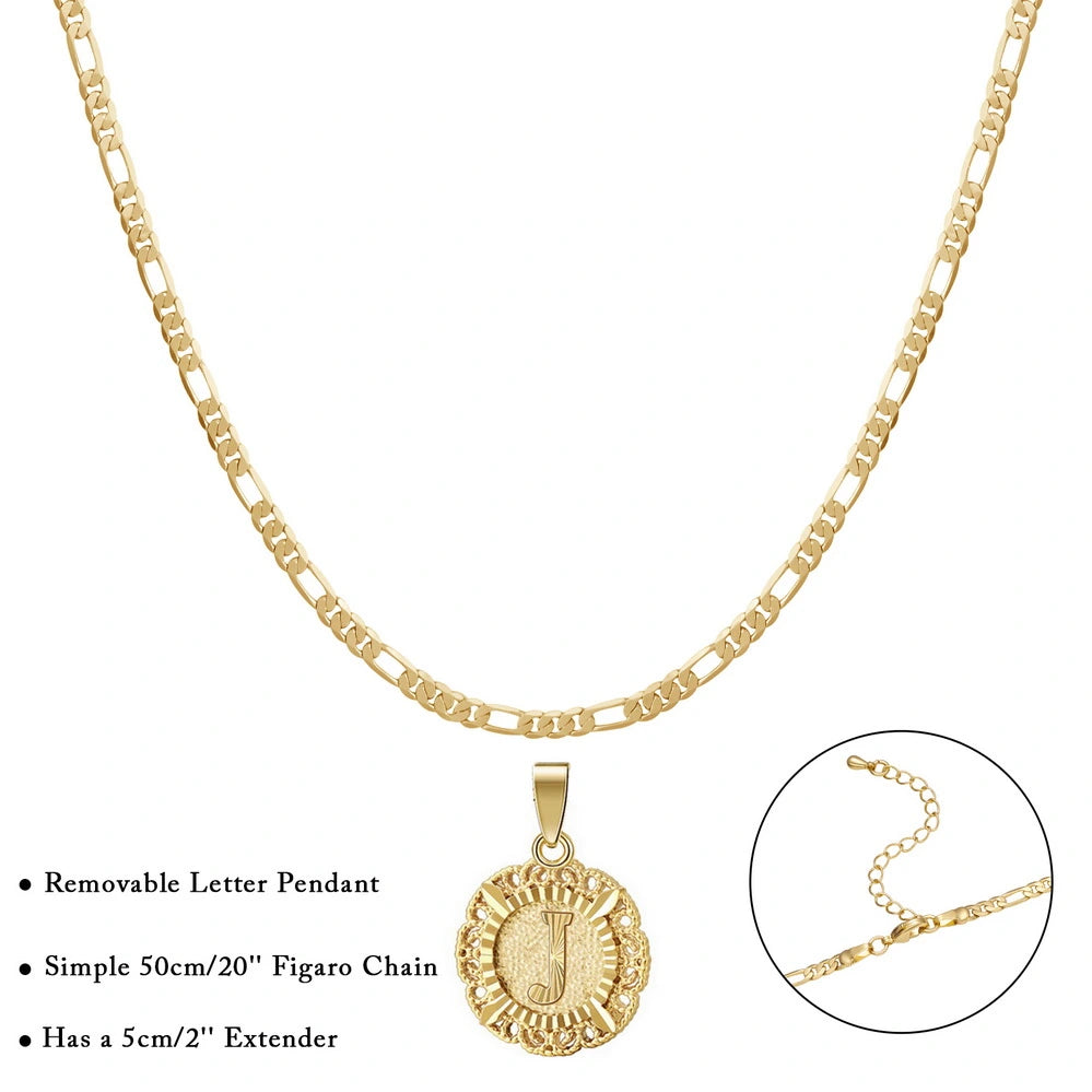 Expressive Round Letter 14K Gold Necklace with Figaro Chain for Women