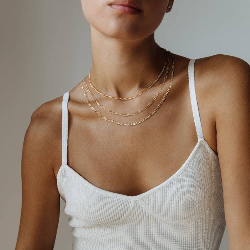 Dainty 14K Gold Layered Necklaces with Cuban, Figaro, and 4mm Paperclip chains
