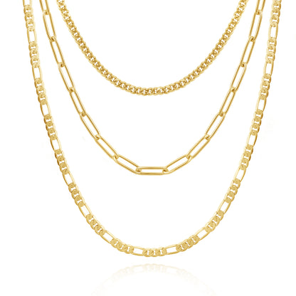 14K Gold Layered Necklaces - Cuban, Figaro, 4mm Paperclip against white background