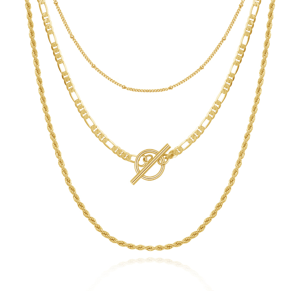 14K Gold Layered Necklaces - Satellite, Figaro, Rope Chain against white background