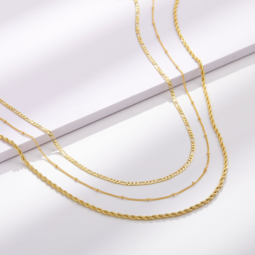 Dainty 14K Gold Layered Necklaces- Satellite+Figaro+Rope Chain –  kissyanjewelry
