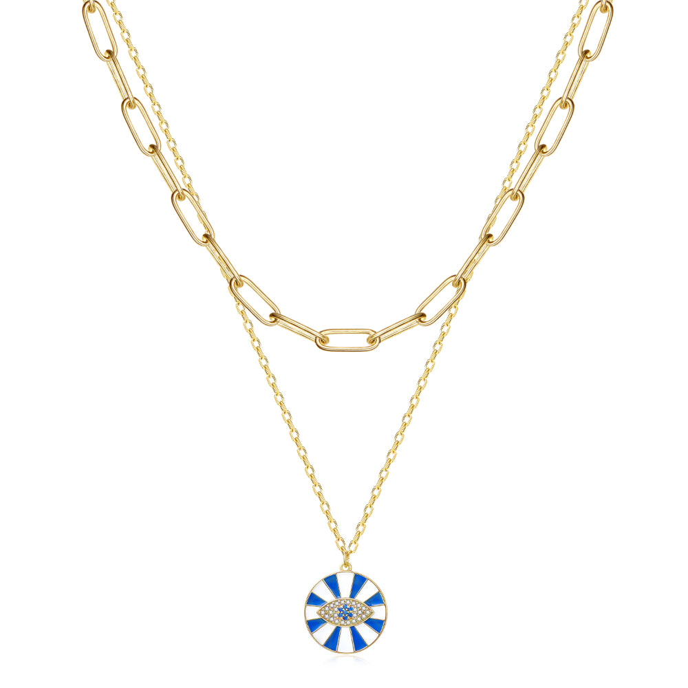 14K Gold Layered Necklace with Blue Evil Eye on a white background