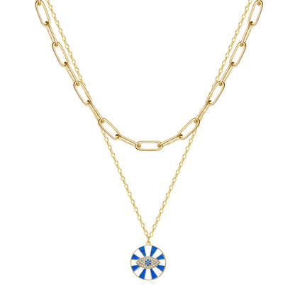 14K Gold Layered Necklace with Blue Evil Eye on a white background