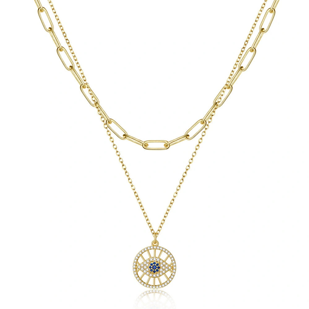 14K Gold Layered Necklace with Round Evil Eye on a white background