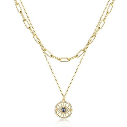 14K Gold Layered Necklace with Round Evil Eye on a white background