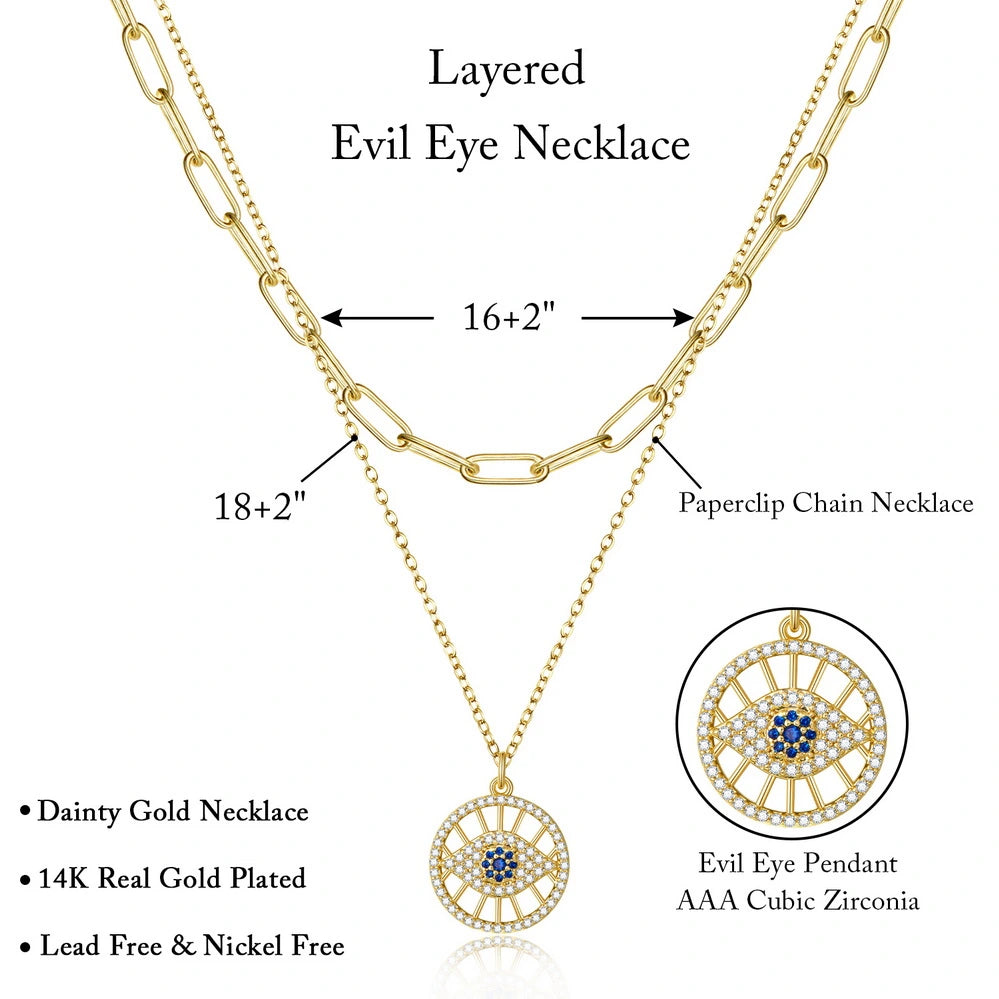 Elegant 14K Gold Layered Evil Eye Necklace with Round Pendant and Paperclip Chain