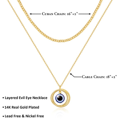 Stylish 14K Gold Layered Evil Eye Necklace with Ring Blue Eye Pendant