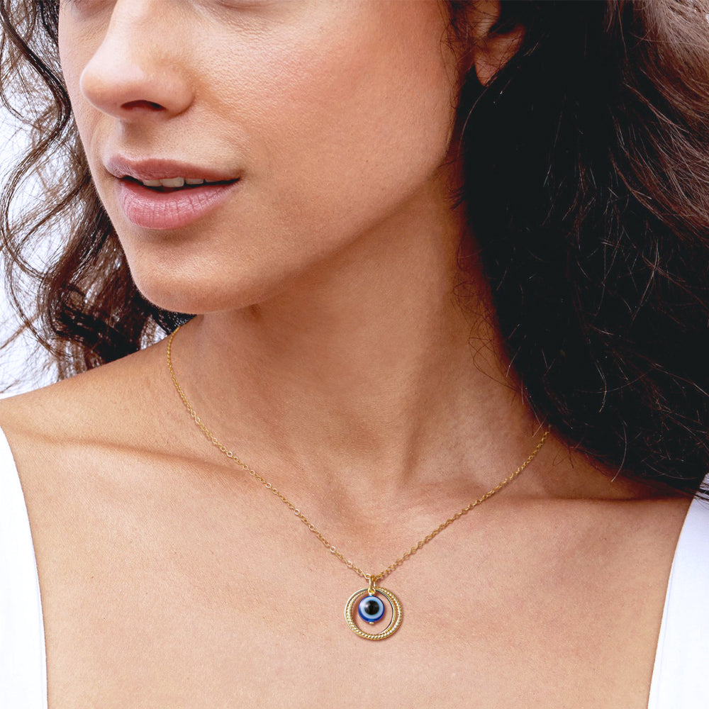 Dainty 14K Gold Layered Evil Eye Necklace with Ring Blue Eye Pendant