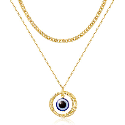 Gold Layered Evil Eye Necklace with Ring Blue Eye pendant on white background