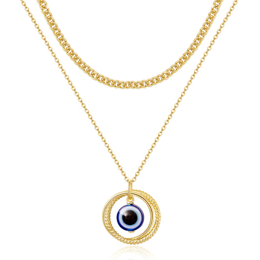 Gold Layered Evil Eye Necklace with Ring Blue Eye pendant on white background