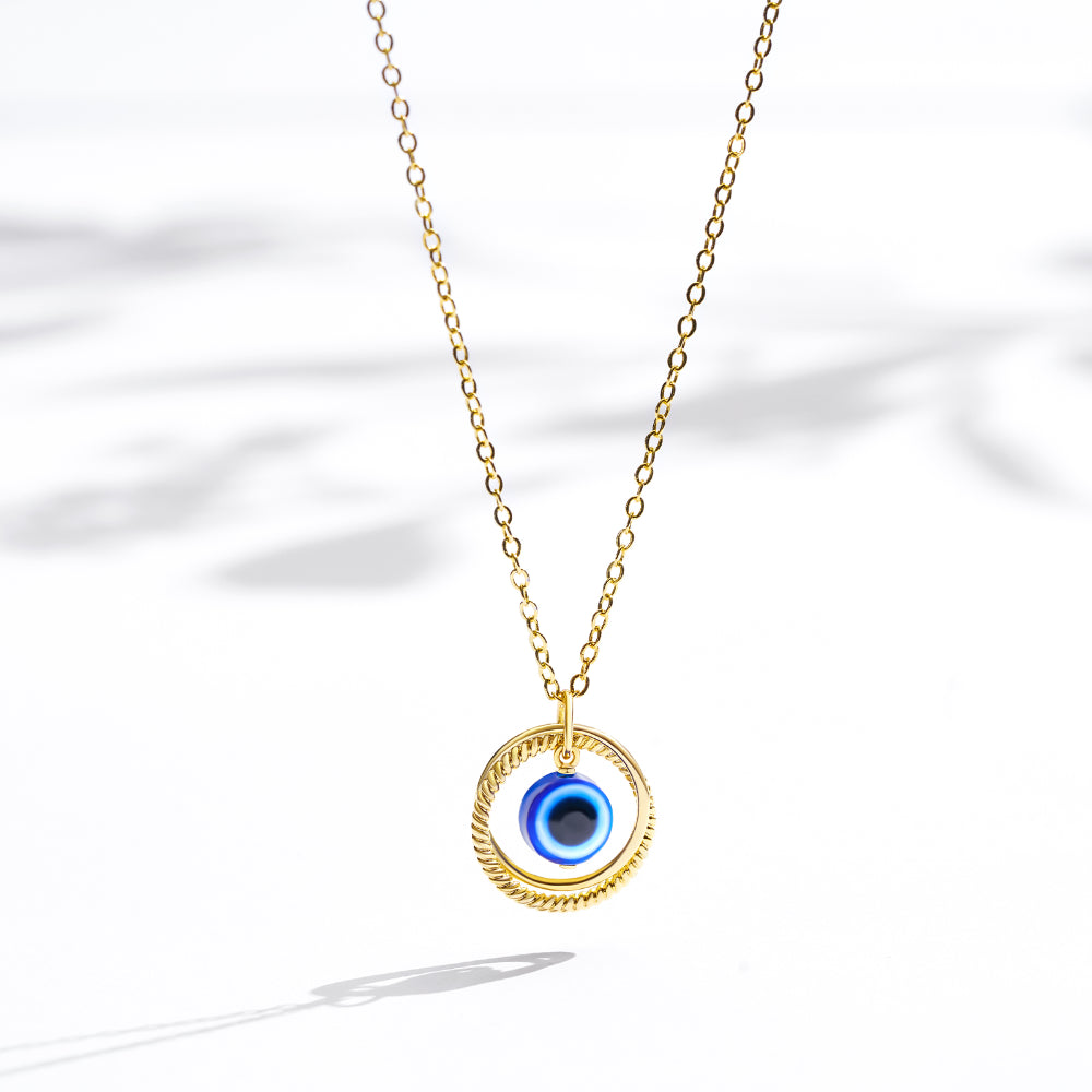 Stylish 14K Gold Layered Evil Eye Necklace with Ring Blue Eye Pendant