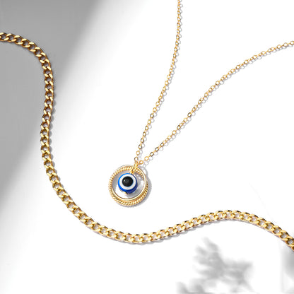 Stylish 14K Gold Layered Evil Eye Necklace with Ring Blue Eye Pendant