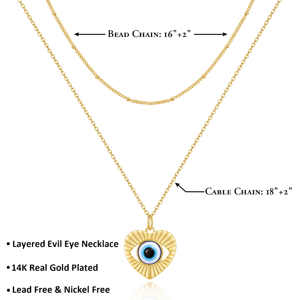 Chic 14K Gold Layered Evil Eye Necklace with Heart-Shaped Pendant and Satellite Chain