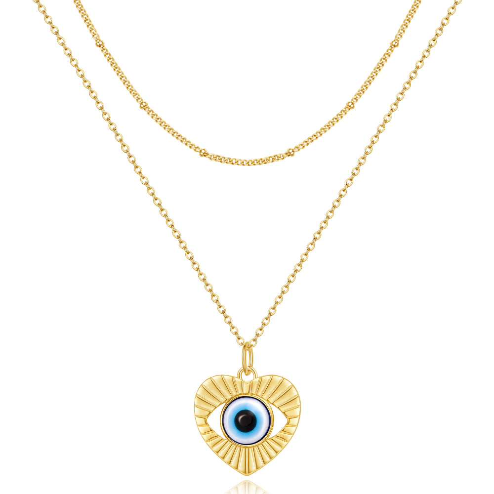 14K Gold Layered Necklace with Blue Evil Eye on a white background