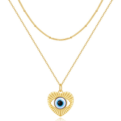 14K Gold Layered Necklace with Blue Evil Eye on a white background