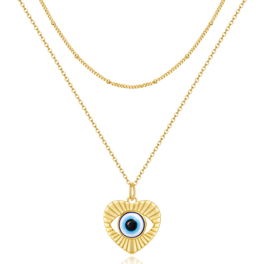 14K Gold Layered Necklace with Blue Evil Eye on a white background