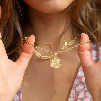 Trendy Round Letter Pendant Necklace in 14K Gold