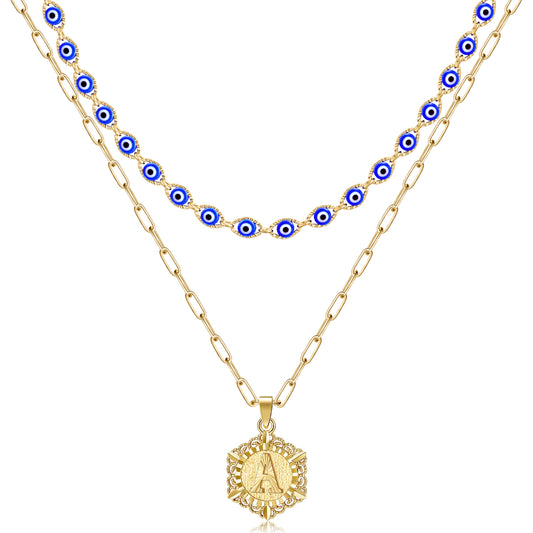 14K Gold Evil Eye Initial Necklace on White Background