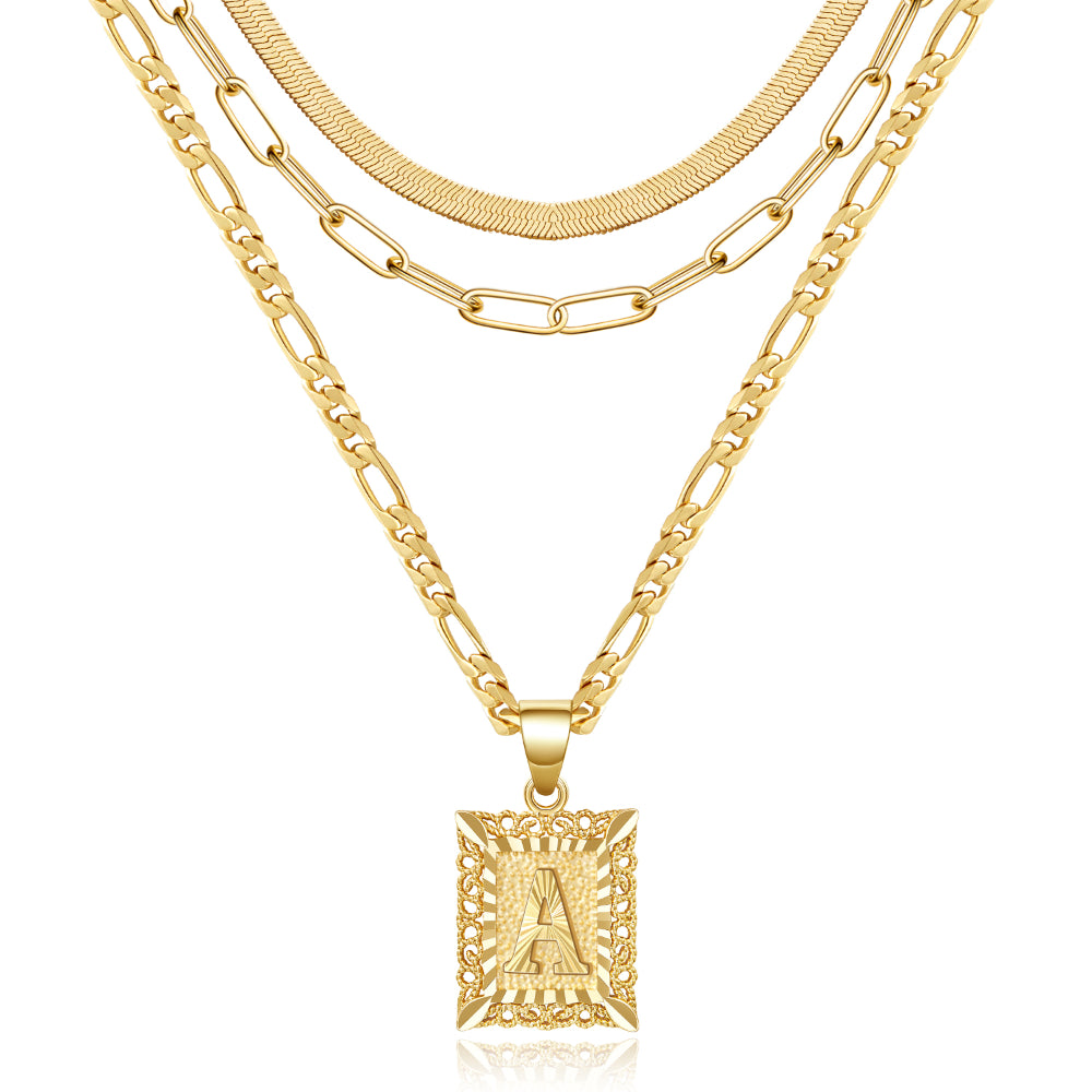 14K Gold Square Necklace Set on White Background