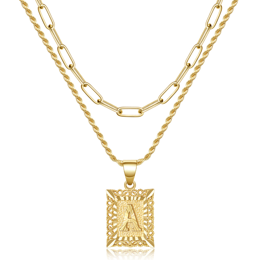 14K Gold Square Initial Pendant Necklace on White Background