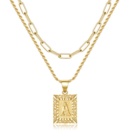 14K Gold Square Initial Pendant Necklace on White Background