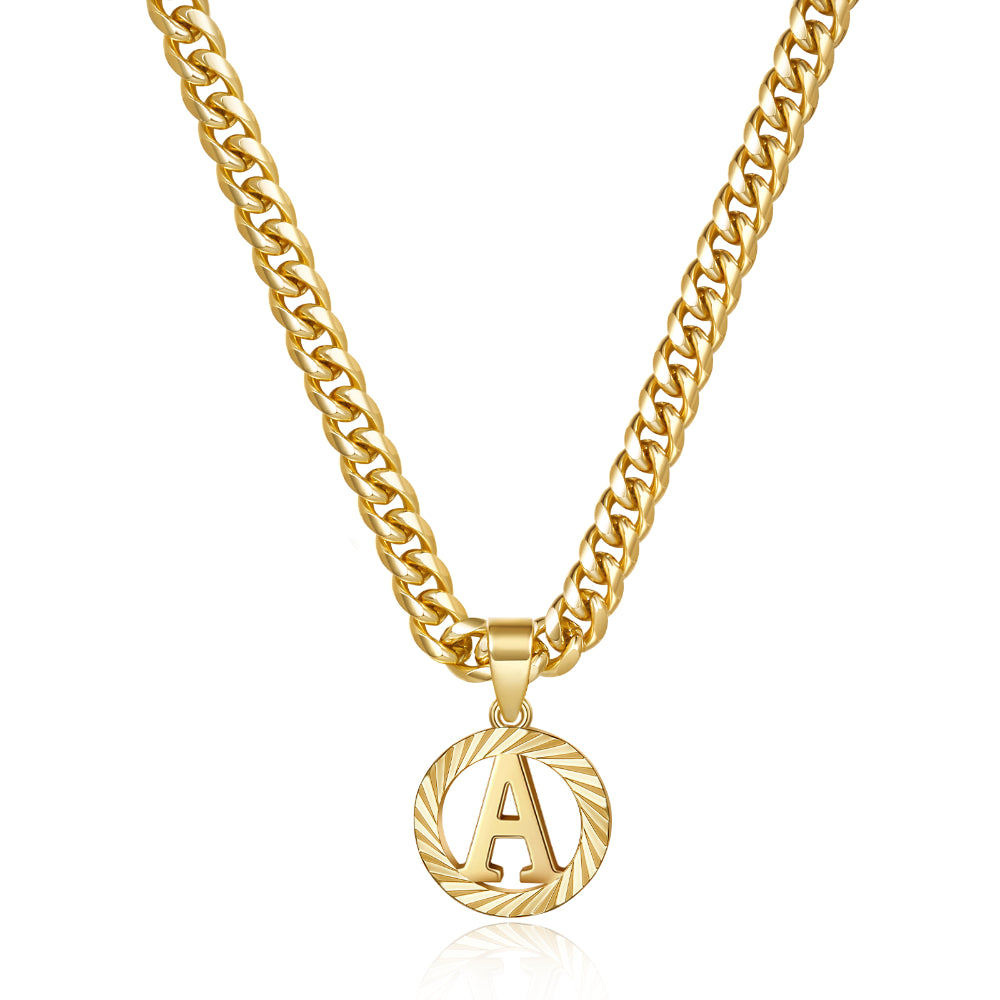 14K Gold Round Initial Necklace with 5mm Cuban Chain on White Background