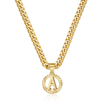 14K Gold Round Initial Necklace with 5mm Cuban Chain on White Background