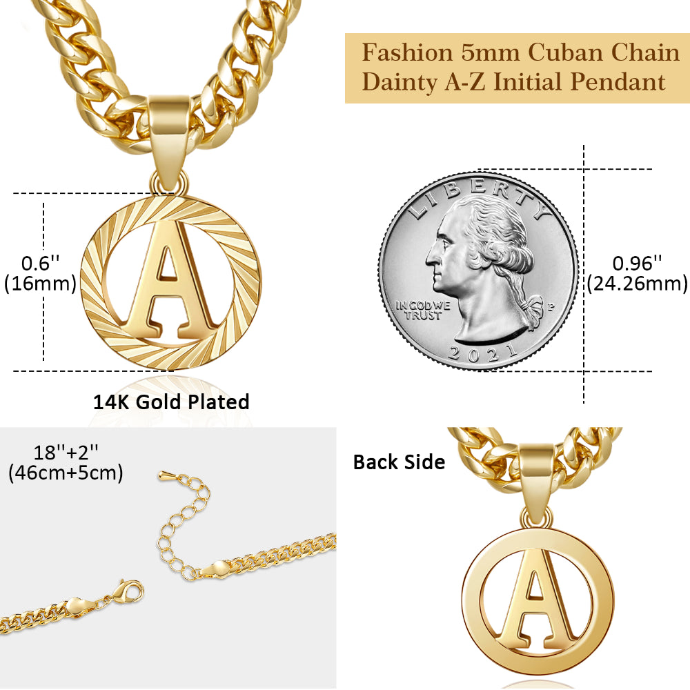 Expressive Round Initial 14K Gold Necklace with 5mm Cuban Chain for Women