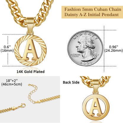 Expressive Round Initial 14K Gold Necklace with 5mm Cuban Chain for Women