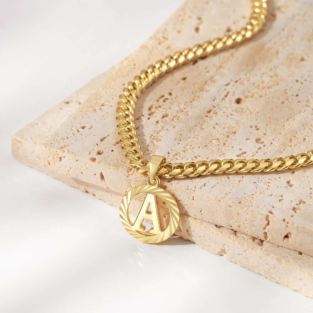 Personalized Round Initial Necklace with 5mm Cuban Chain in 14K Gold