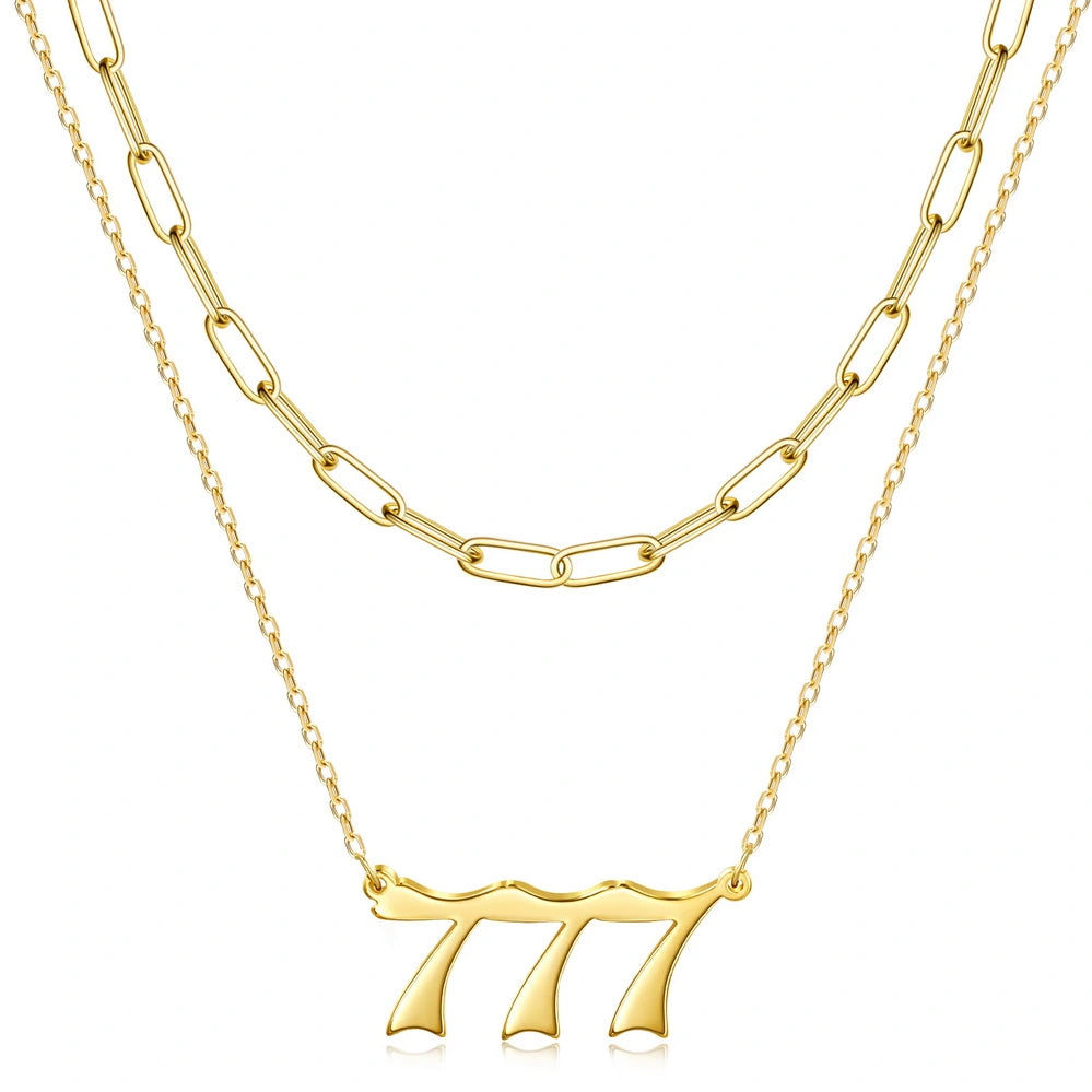 14K Gold Plated Layered Necklace with Angel Number Pendant on a white background