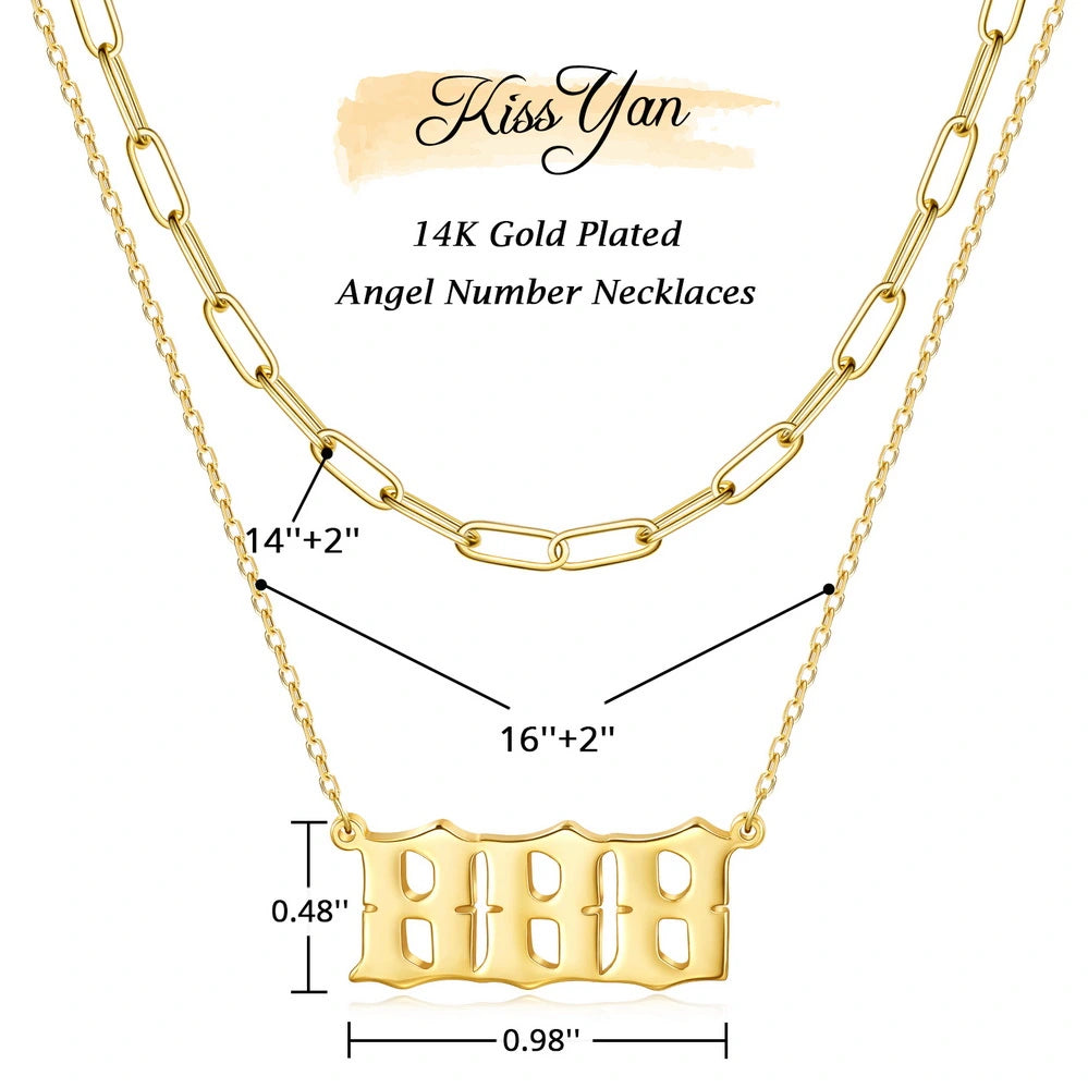 Elegant 14K Gold Plated Layered Necklace with Angel Number Pendant