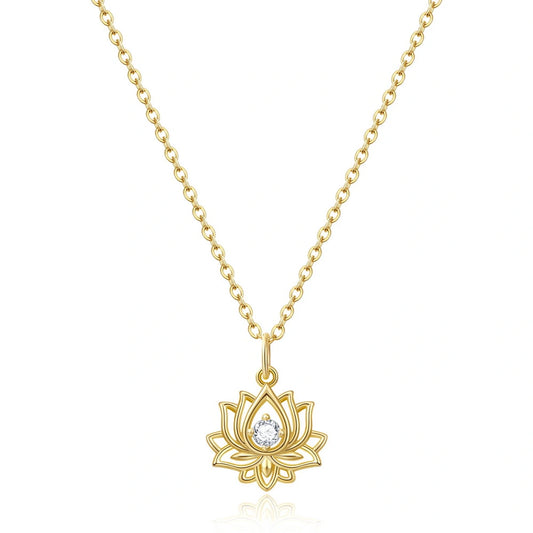 14K Gold Plated Yoga Floral Pendant Necklace with Message Card- Single Diamond Lotus